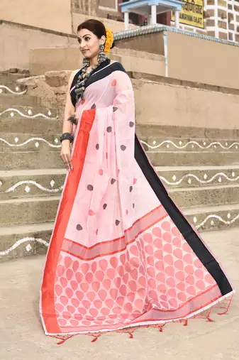 Elora handloom cotton butti weaving saree for women (light pink)