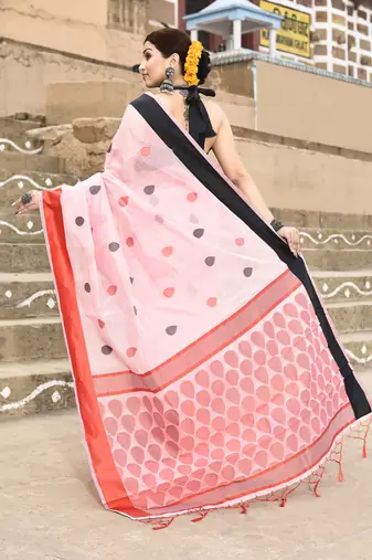 Elora handloom cotton butti weaving saree for women (light pink)