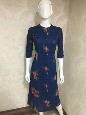 Women's Foil Printed A-Line Rayon Blue Kurta 8