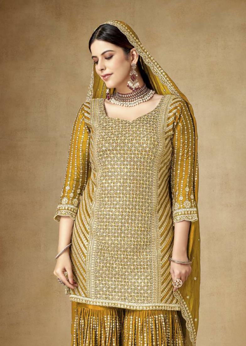 Women Pink Chinon Silk Thread Work Sharara Suit