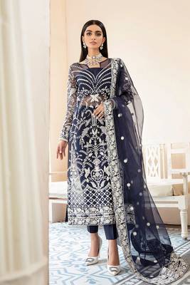 Blue Embroidered Organza Straight Suit Free size full stitched Up To 42" Size 1