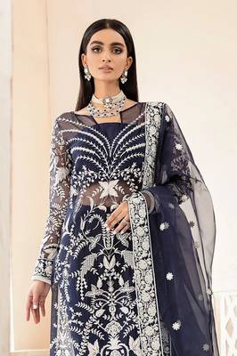 Blue Embroidered Organza Straight Suit Free size full stitched Up To 42" Size 2