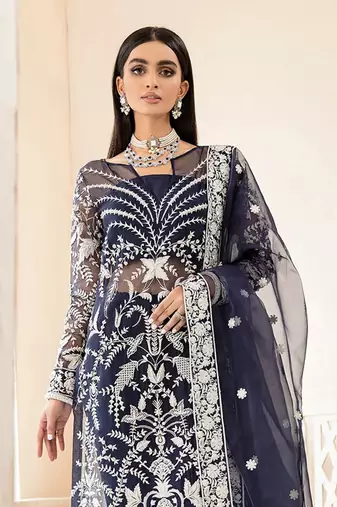 Blue Embroidered Organza Straight Suit Free size full stitched Up To 42" Size