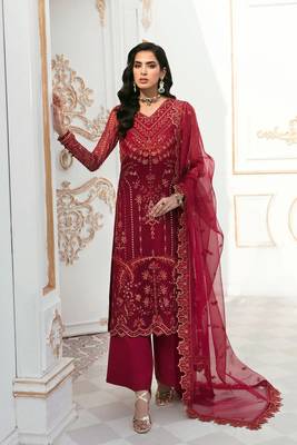 Maroon Embroidered Organza Straight Suit Free size full stitched Up To 42" Size 1