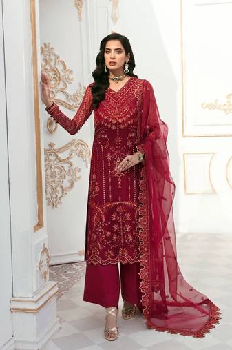 Maroon Embroidered Organza  Straight Suit Free size full stitched Up To 42" Size
