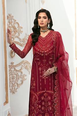 Maroon Embroidered Organza Straight Suit Free size full stitched Up To 42" Size 2