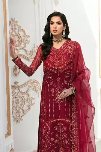 Maroon Embroidered Organza Straight Suit Free size full stitched Up To 42" Size