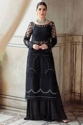 Black Thread Embroidered Net Straight Suit Free size full stitched Up To 42" Size 1