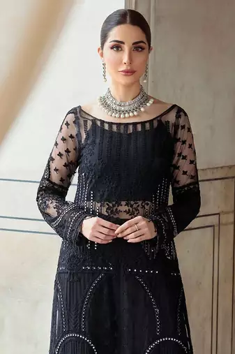 Black Thread Embroidered Net Straight Suit Free size full stitched Up To 42" Size