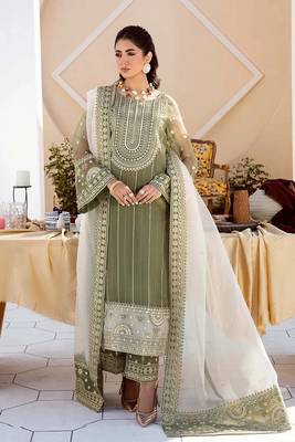 Green Embroidered Organza Straight Suit Free size full stitched Up To 42" Size 1