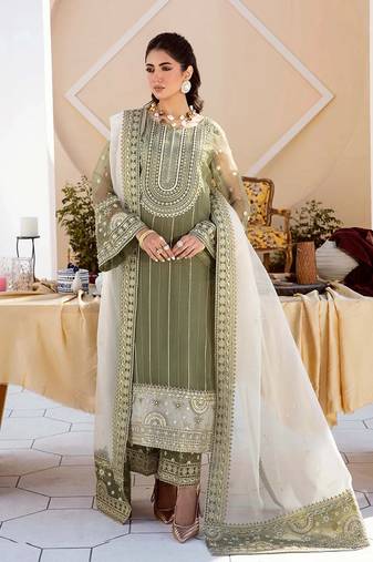 Green Embroidered Organza  Straight Suit Free size full stitched Up To 42" Size
