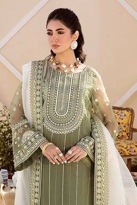 Green Embroidered Organza Straight Suit Free size full stitched Up To 42" Size 2