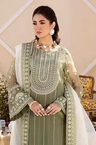 Green Embroidered Organza Straight Suit Free size full stitched Up To 42" Size