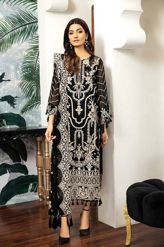 Black Thread Embroidered Organza  Straight Suit Free size full stitched Up To 42" Size