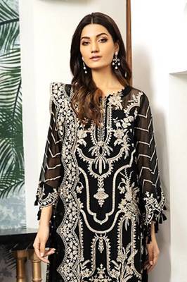 Black Thread Embroidered Organza Straight Suit Free size full stitched Up To 42" Size 2