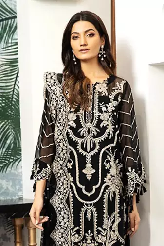 Black Thread Embroidered Organza Straight Suit Free size full stitched Up To 42" Size