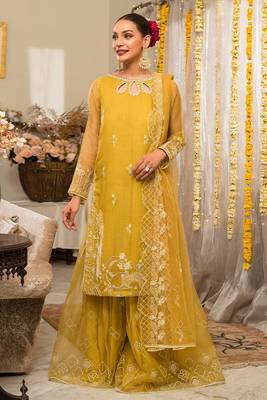 Yellow Embroidered Organza Straight Suit Free size full stitched Up To 42" Size 1