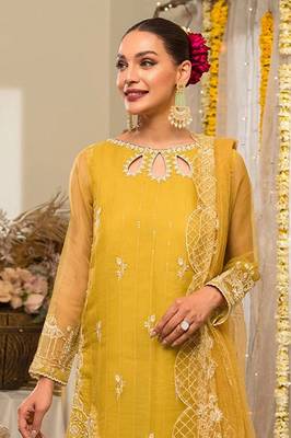 Yellow Embroidered Organza Straight Suit Free size full stitched Up To 42" Size 2