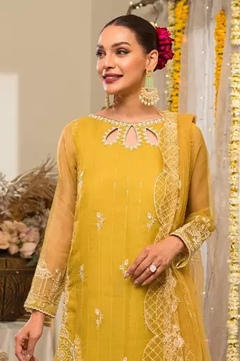 Yellow Embroidered Organza Straight Suit Free size full stitched Up To 42" Size