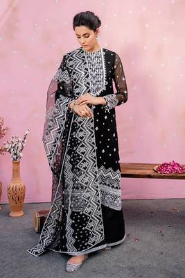 Black Embroidered Organza Straight Suit Free size full stitched Up To 42" Size 1