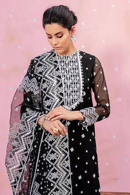 Black Embroidered Organza Straight Suit Free size full stitched Up To 42" Size 2