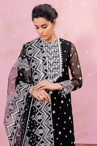 Black Embroidered Organza Straight Suit Free size full stitched Up To 42" Size