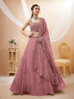 Attractive Peach Sequins Georgette Party Wear Lehenga Choli 1