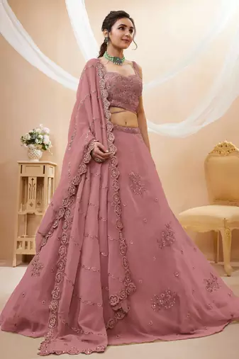 Attractive Peach Sequins Georgette Party Wear Lehenga Choli