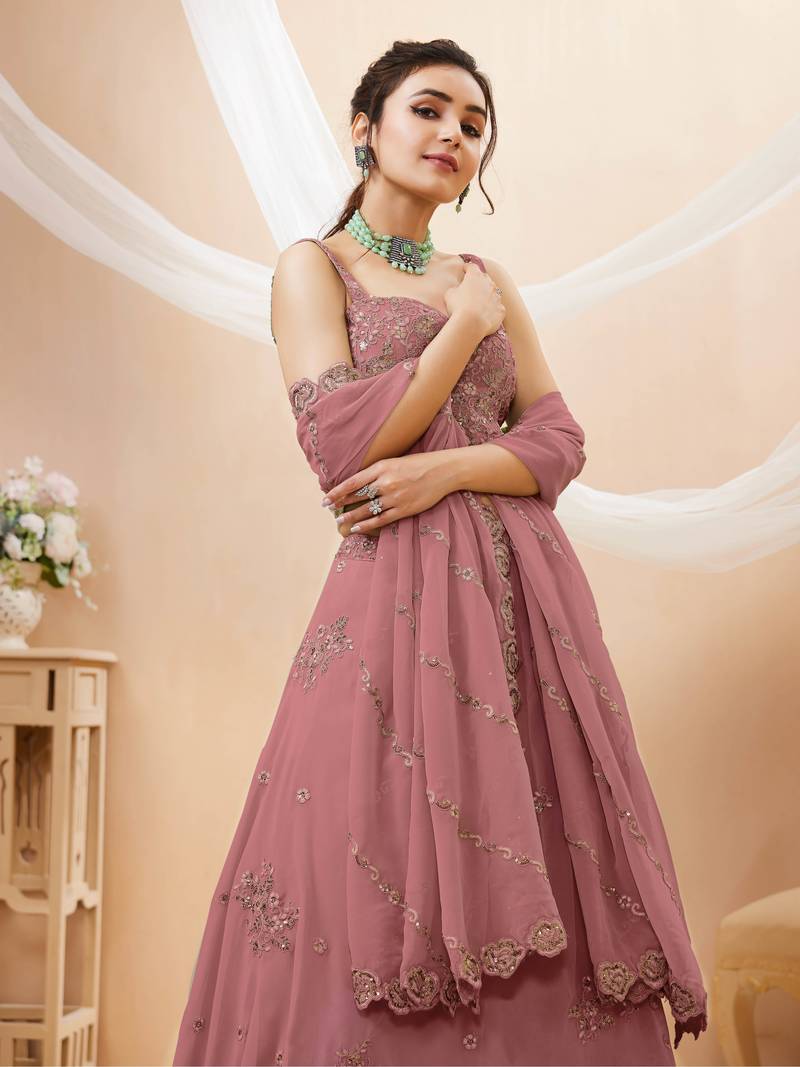 Attractive Peach Sequins Georgette Party Wear Lehenga Choli