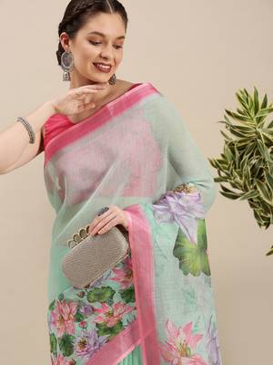 Digital print pure linen partywear ikat saree with blouse 1