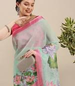 Digital print pure linen partywear ikat saree with blouse