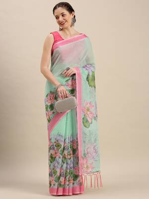 Digital print pure linen partywear ikat saree with blouse 2