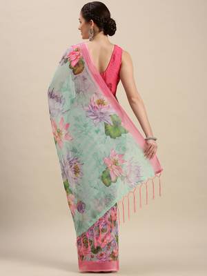 Digital print pure linen partywear ikat saree with blouse 3