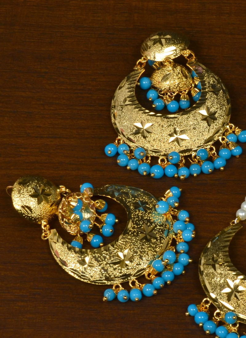 Punjabi Traditional Sky Blue Earrings Tikka Set MT245
