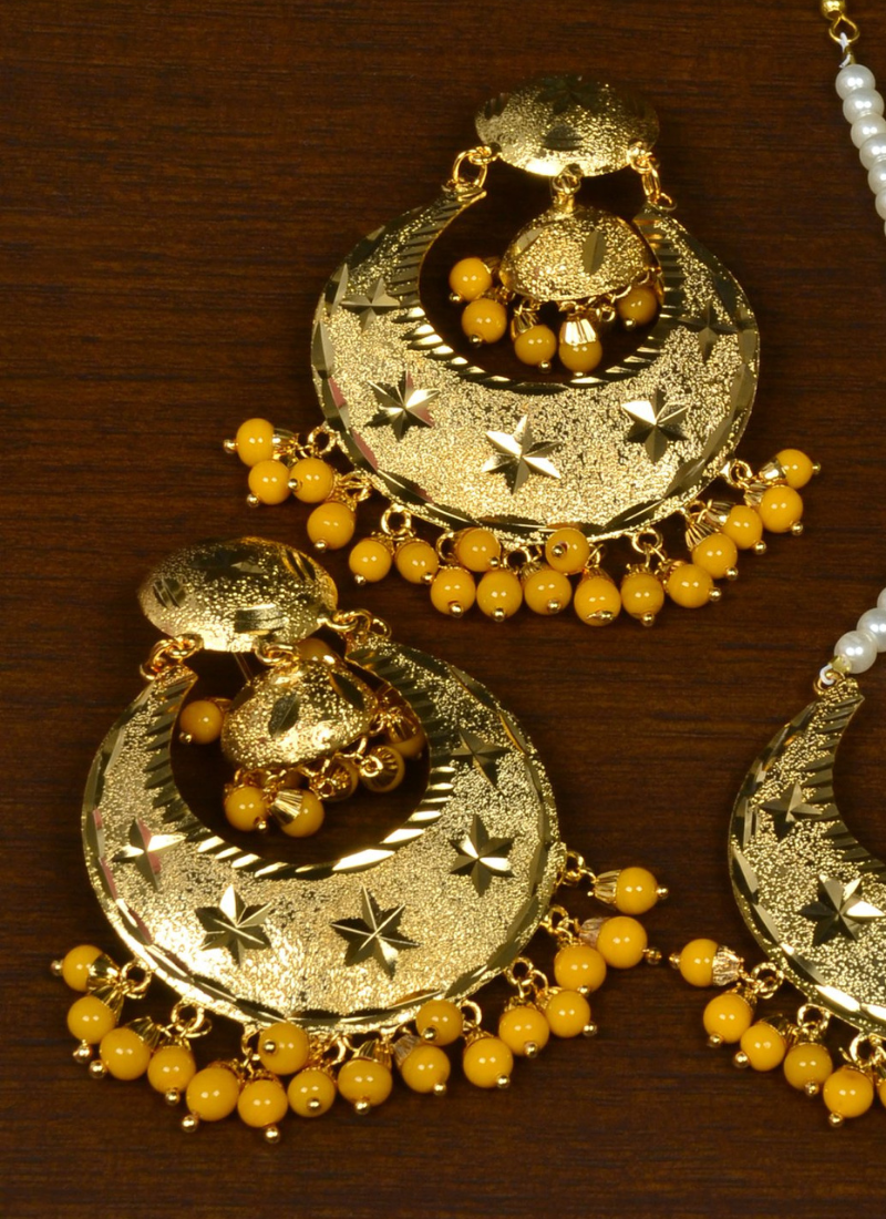 Punjabi Traditional Yellow Earrings Tikka Set MT246
