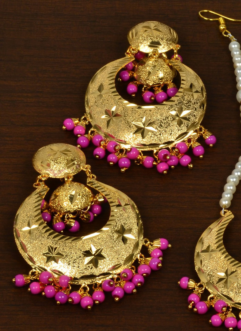 Punjabi Traditional Magenta Earrings Tikka Set MT247