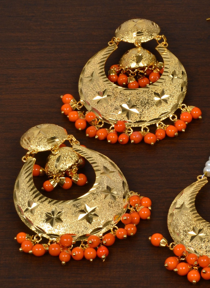 Punjabi Traditional Orange Earrings Tikka Set MT250