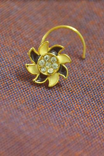 Floral motif black meenakari worl gold plated brass premium nosering or nosepin for women