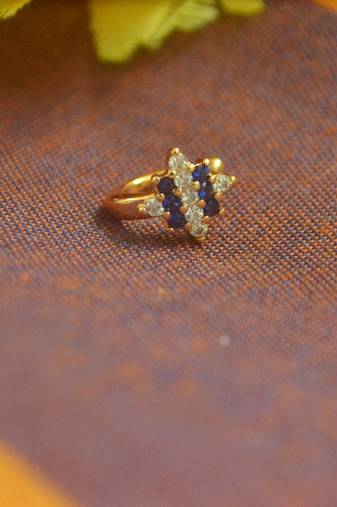 Floral motif blue multi diamond gold plated brass premium clipon press nosering or fake nosepin for women