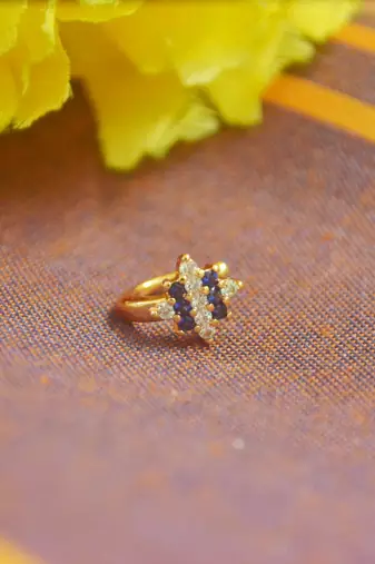 Floral motif blue multi diamond gold plated brass premium clipon press nosering or fake nosepin for women