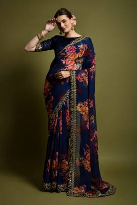 GRUHNAREE BLUE EMBROIDERED GEORGETTE SAREE WITH BLOUSE 1