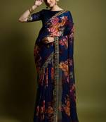 GRUHNAREE BLUE EMBROIDERED GEORGETTE SAREE WITH BLOUSE