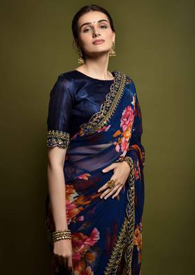 GRUHNAREE BLUE EMBROIDERED GEORGETTE SAREE WITH BLOUSE 2