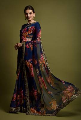 GRUHNAREE BLUE EMBROIDERED GEORGETTE SAREE WITH BLOUSE 4