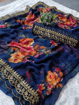 GRUHNAREE BLUE EMBROIDERED GEORGETTE SAREE WITH BLOUSE 5