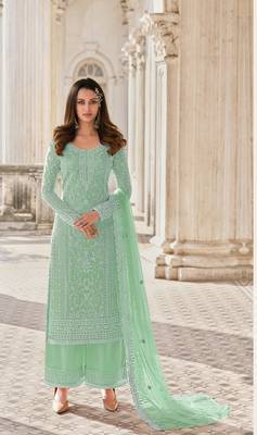 GREEN NET CODDING EMBROIDERED STRAIGHT DIAMOND WORK DRESS MATERIAL 1