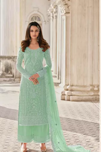 GREEN NET CODDING EMBROIDERED STRAIGHT DIAMOND WORK DRESS MATERIAL