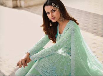 GREEN NET CODDING EMBROIDERED STRAIGHT DIAMOND WORK DRESS MATERIAL 2