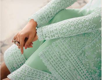 GREEN NET CODDING EMBROIDERED STRAIGHT DIAMOND WORK DRESS MATERIAL 3