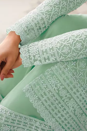 GREEN NET CODDING EMBROIDERED STRAIGHT DIAMOND WORK DRESS MATERIAL